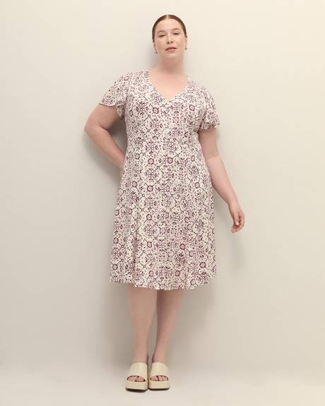 Responsible, Printed Flutter-Sleeve V-Neck Dress with Godets