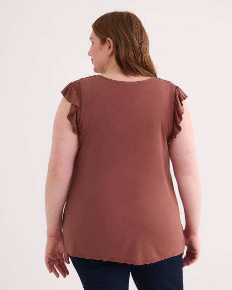 V-Neck Knit Top with Short Flutter Sleeves