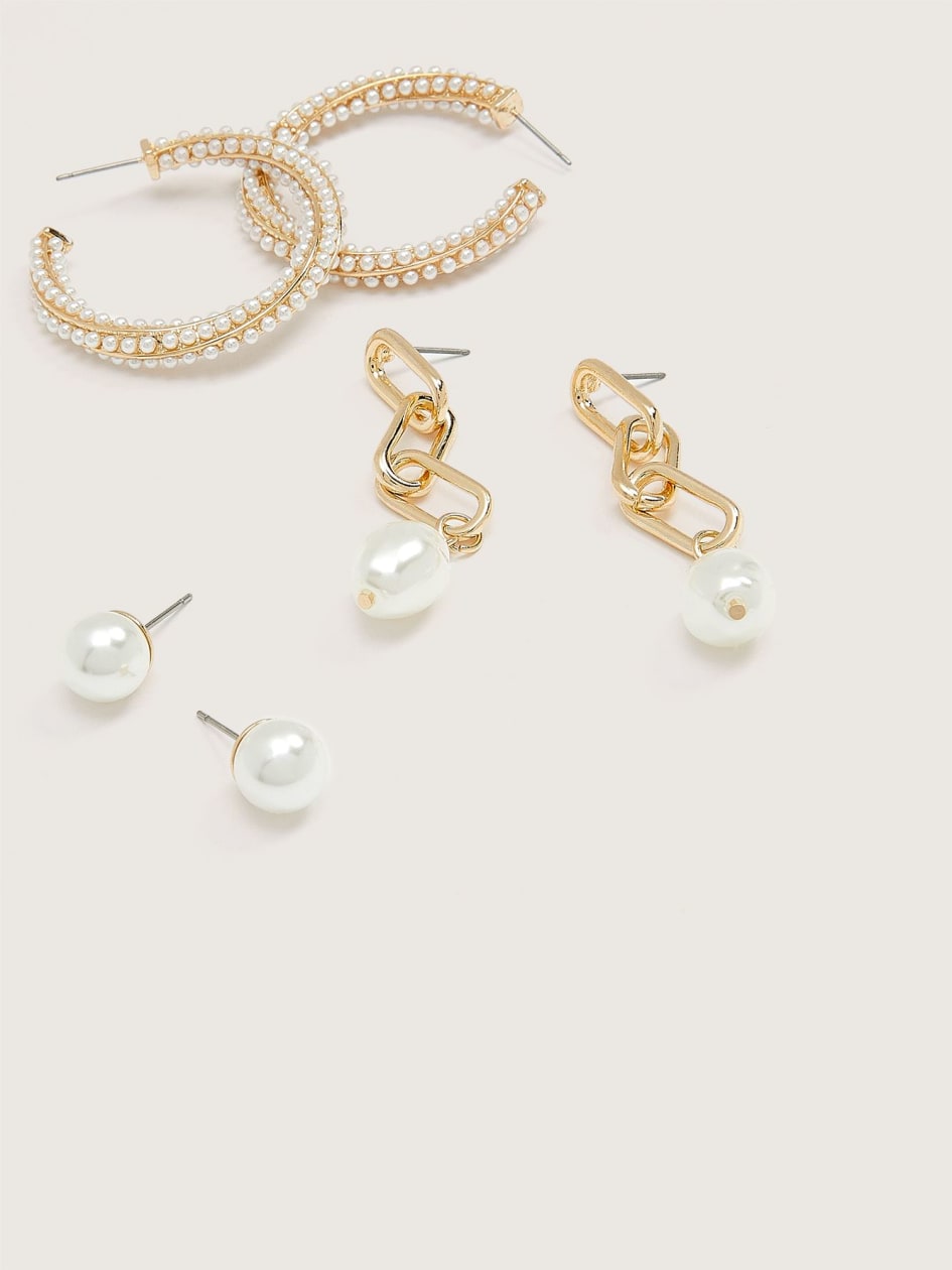 Boucles d'oreilles dorées avec perles, ens. de 3 - Addition Elle