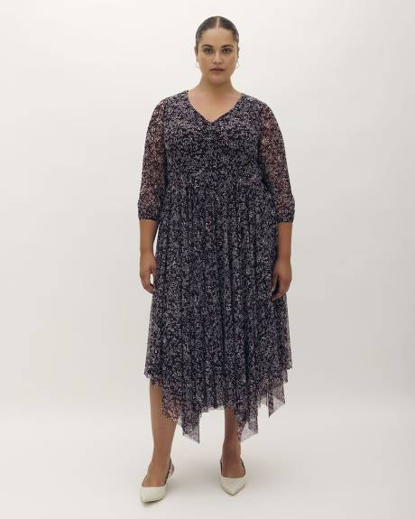 Mesh Printed Midi Dress with Asymetrical Hem - Addition Elle