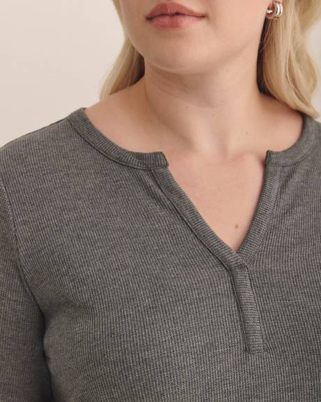 Long-Sleeve Split-Neck Waffle Knit Top