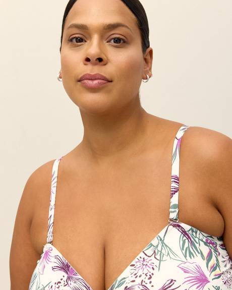 Leaf-Print Bandeau Tankini Top with Braided Tie