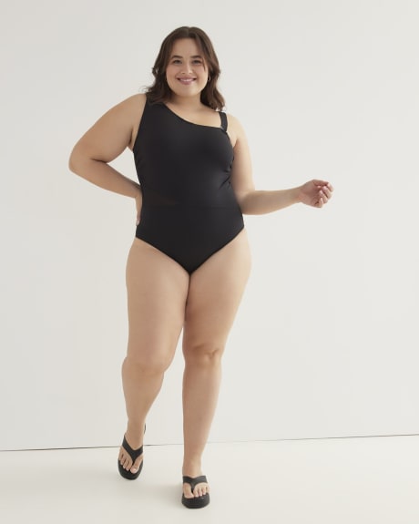 Black Asymmetrical One-Piece Swimwear with Mesh Insert