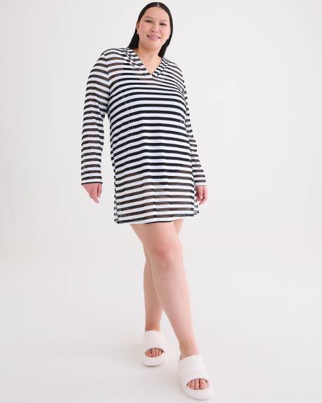 Eden Rock Short Hooded Striped Fishnet Swim Cover-Up Dress - Cover Me