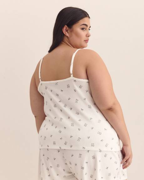 White Bear-Print Pointelle Cami with Shirring Neckline - ti Voglio
