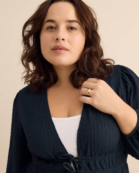 Textured Front-Tie Long-Sleeve Top