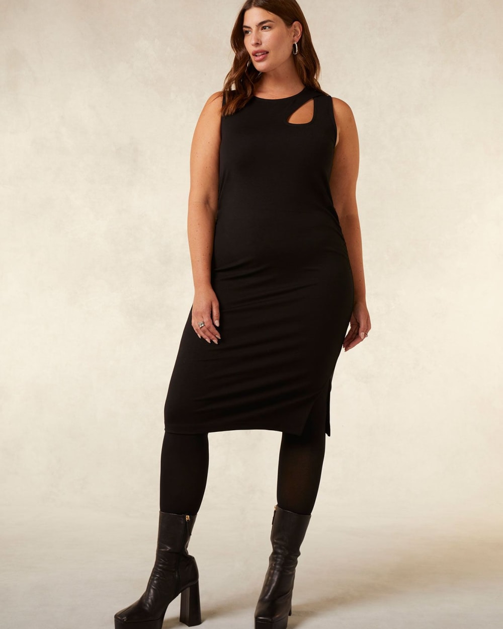 Black Sleeveless Knit Dress with Front Cutout - Addition Elle