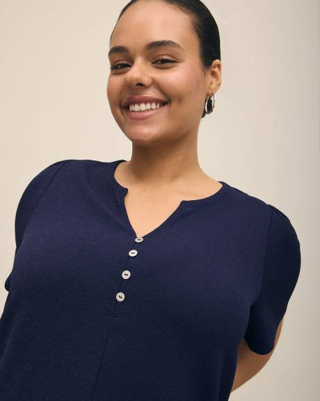 Buttoned Split-Neck Knit Top with Elbow Flutter Sleeves
