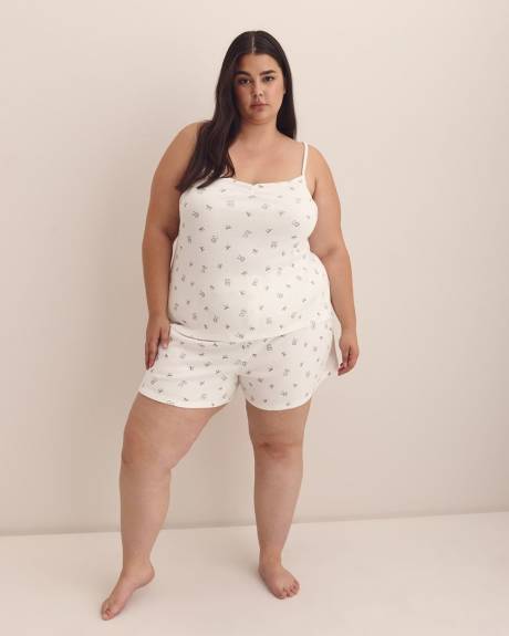White Bear-Print Pointelle Cami with Shirring Neckline - ti Voglio