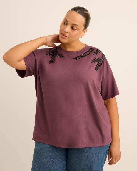 Crewneck Knit Top with Leaf Rhinestone Embellishment