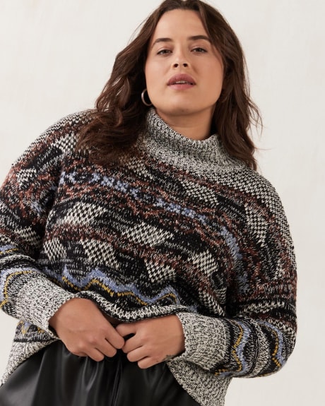 All-Over Jacquard Sweater with Wide Funnel Neck