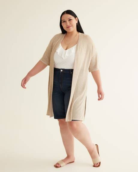 Long Knit Cardigan with Short Kimono Sleeves