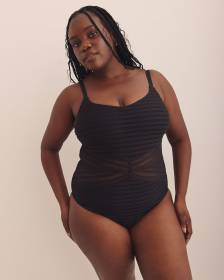 Black Stripe-Textured One-Piece Swimsuit