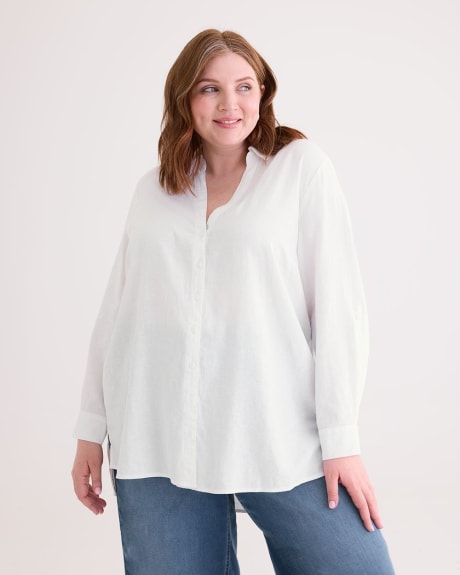 Solid Linen Blend Tunic with Rolled-Up Sleeves and Buttons