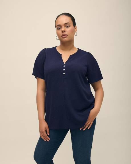 Buttoned Split-Neck Knit Top with Elbow Flutter Sleeves
