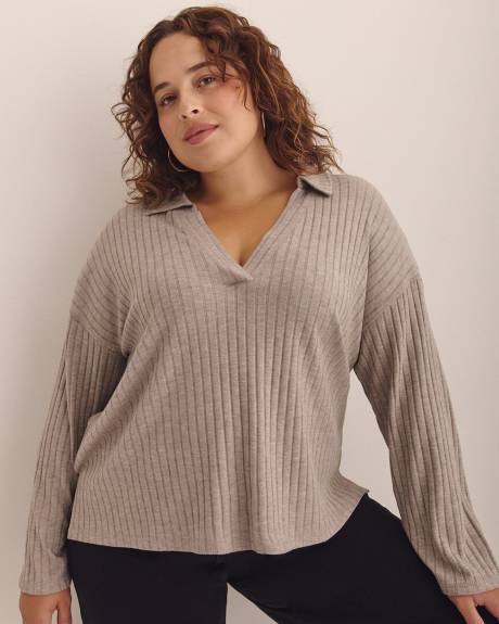 Ribbed Knit Polo Sweatshirt