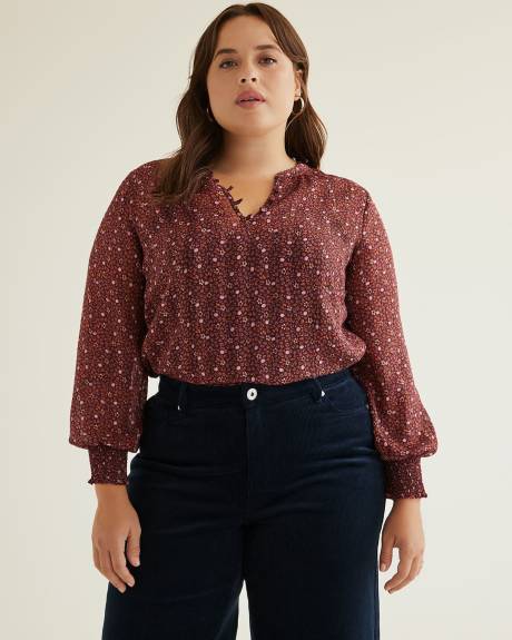 Floral Blouse with Split Neckline and Smocked Cuffs