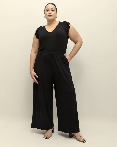 Combinaison à jambe large en tricot noir, tissu responsable