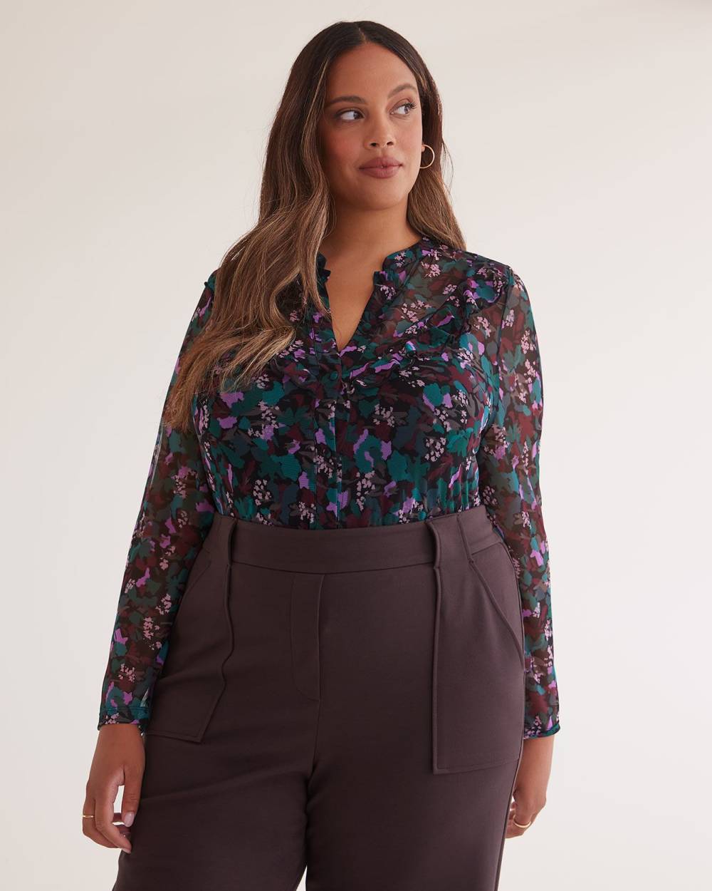 Floral Mesh Knit Ruffled Top