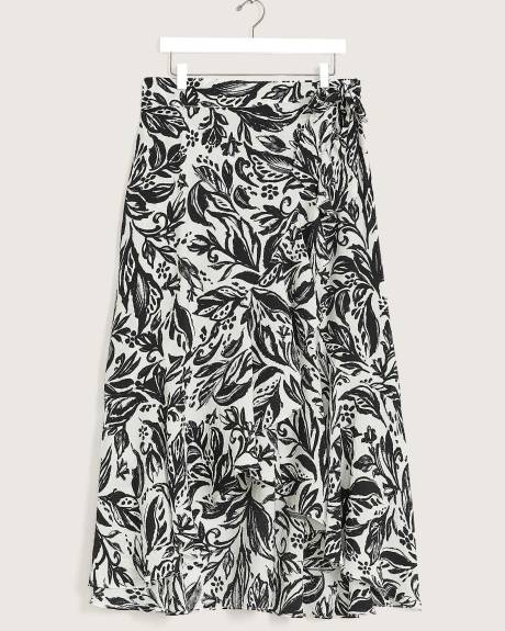 Jupe longue croisée à volants, motif de feuilles, tissu responsable