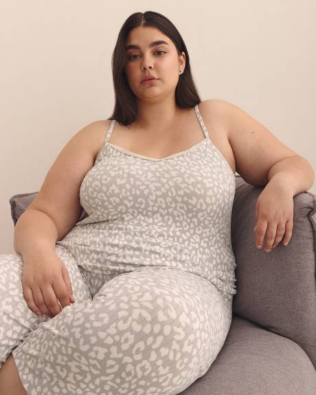 Grey Leopard-Print Ribbed Cami with Lace - Déesse Collection