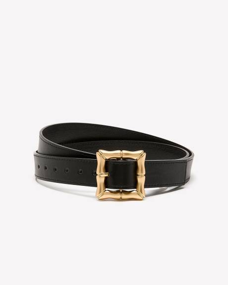 Black Faux Leather Belt with Square Bamboo Buckle