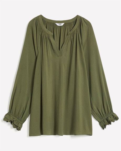 Long-Sleeve A-Line Blouse with Split Neckline