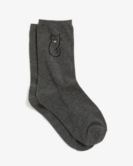 Grey Crew Socks with Cat Outline Print