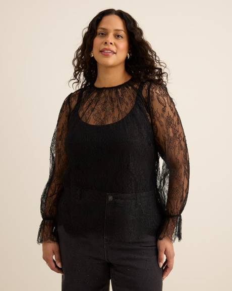 Black Lace Crewneck Blouse