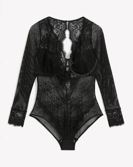 Sexy Underwire Black Lace Long-Sleeve Bodysuit - Déesse Collection