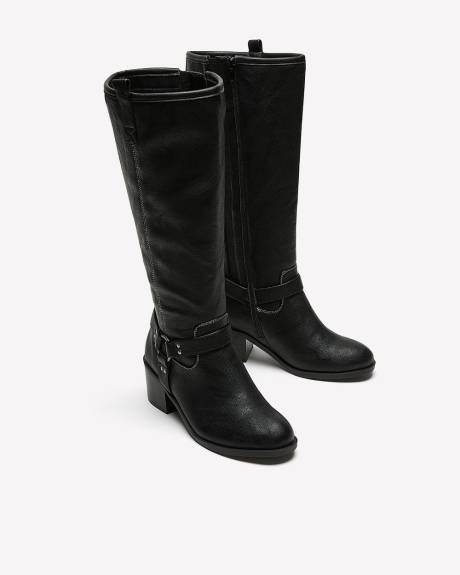 Extra Wide Width, Black Tall Heeled Boot with Harness Straps