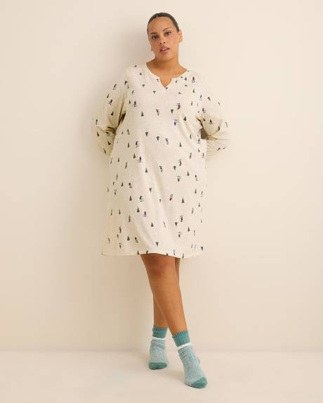 Ski-Print Long-Sleeve Heather Knit Sleepshirt - ti Voglio Ski-Print Long-Sleeve Heather Knit Sleepshirt - ti Voglio