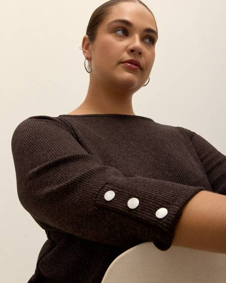 Ribbed Knit Swing Top with Buttons at Sleeves