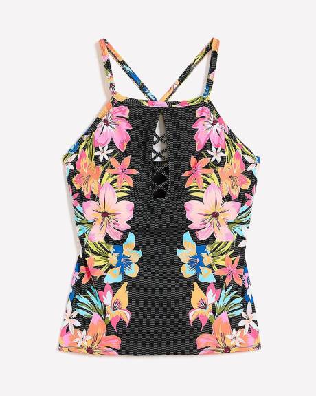 High-Neck Tankini Top with Lattice Front and Underwires - Bleu by Rod Beattie