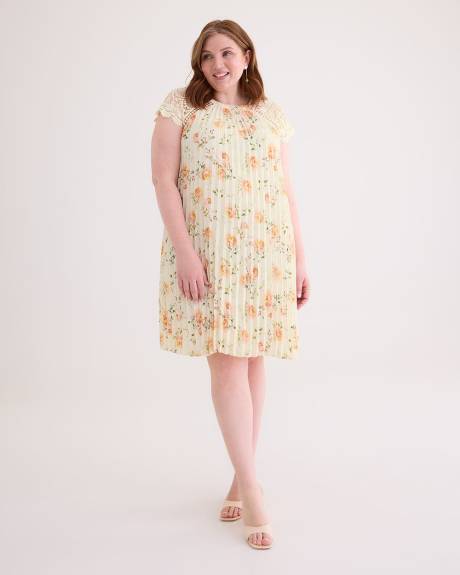 Responsible, Pleated Swing Dress with Crochet Sleeves