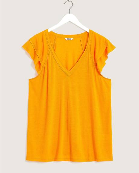 V-Neck Knit Top with Double Flutter Sleeve