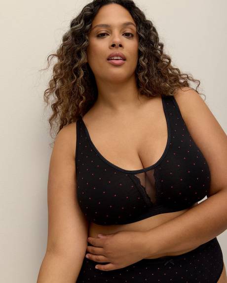 Dotted Cotton Soft Cup Wireless Bra with Lace and Mesh Insert - ti Voglio
