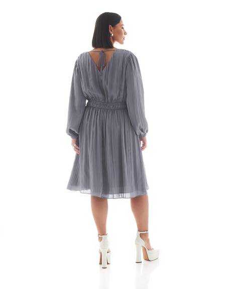Blue Pleated Satin Faux-Wrap Dress - Addition Elle
