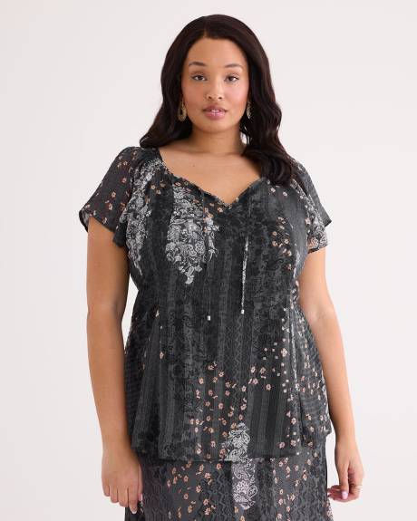 Scoop-Neck Blouse with Short Flutter Sleeves