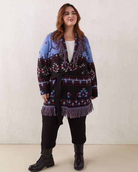 Responsible Jacquard Open Cardigan With Belt and Fringes - In Every Story