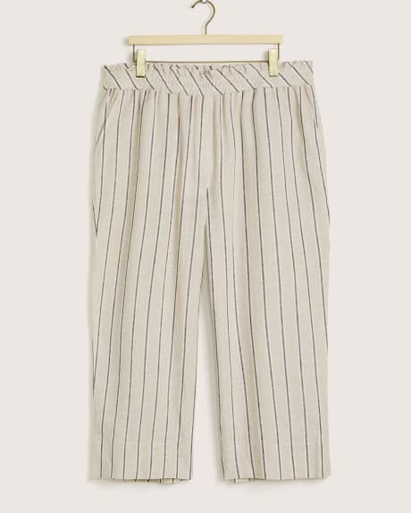 Pantalon rayé en mélange de lin à jambe courte évasée