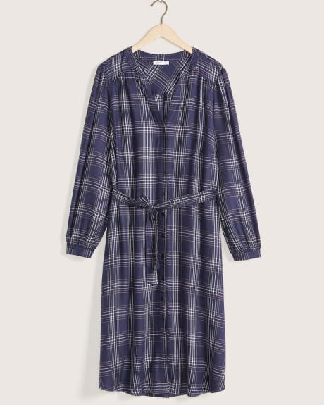 Long-Sleeve Plaid Shirt Dress With Buttons