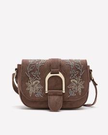 Brown Faux-Suede Embellished Handbag