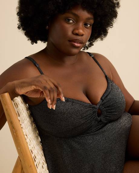 Tankini &eacute;vas&eacute; noir scintillant avec encolure fronc&eacute;e &agrave; cordon