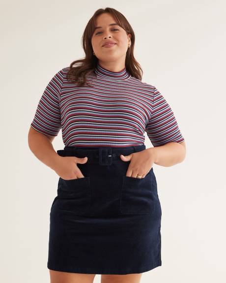 Ribbed Striped Elbow-Sleeve Fitted Knit Top