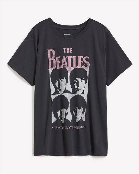 Black Short-Sleeve Crewneck Tee with The Beatles Print