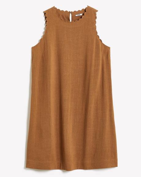 Robe trapèze à col rond haut ondulé, mélange de lin