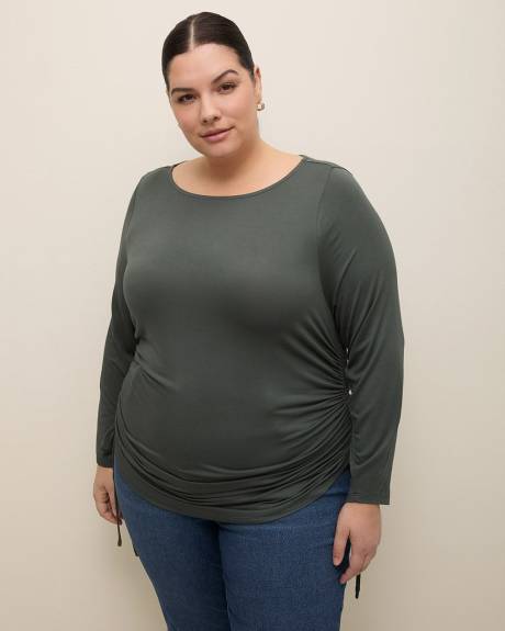 Boat-Neck Knit Top with Side Drawstrings
