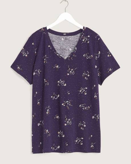 T-shirt imprimé à manches courtes et col en V, coupe boyfriend