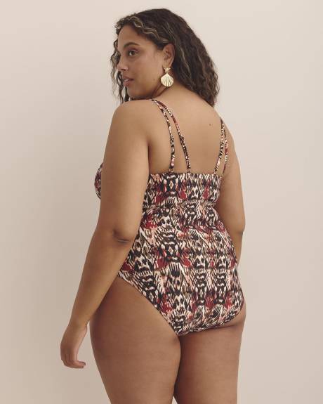 Printed One-Piece Bathing Suit with Strapping Front Detail